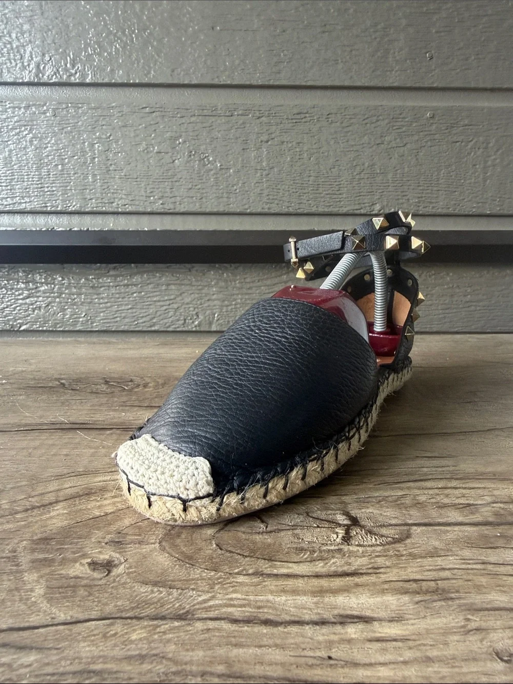 Valentino Garavani Black Leather Espadrille Studded Ankle Strap size 38/ US 7.5